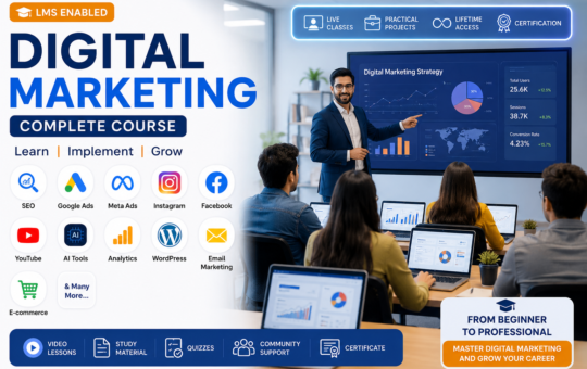Digital Marketing Complete Course banner featuring an instructor teaching students in a modern classroom with SEO, Google Ads, Meta Ads, AI, WordPress, Email Marketing, Analytics, YouTube and E-commerce training for an online LMS platform.