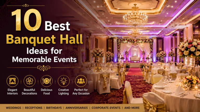10 Best Banquet Hall Ideas for Memorable Events with elegant wedding stage, luxury decorations, chandeliers and floral setup