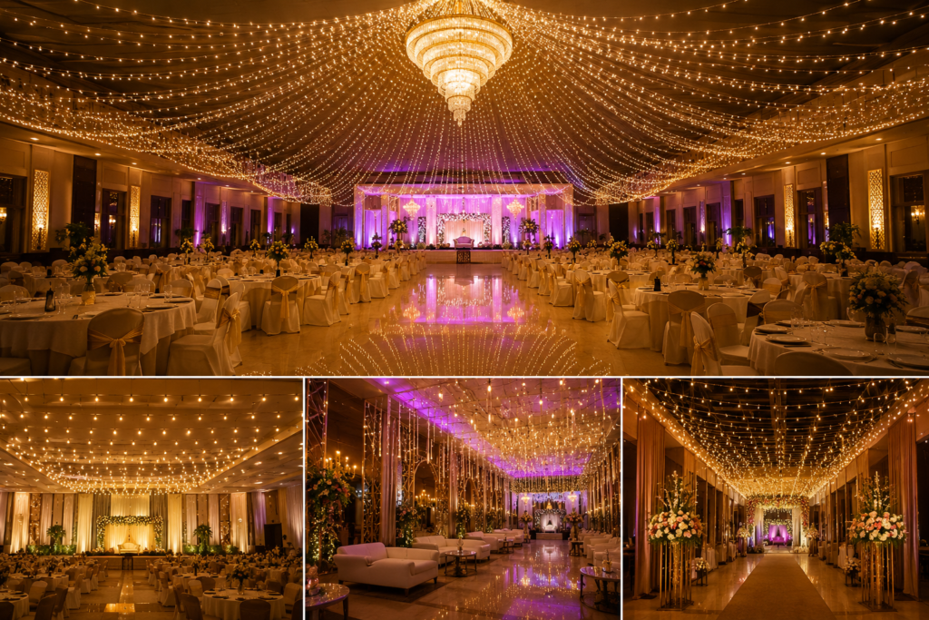 Elegant banquet hall light decoration with warm fairy lights, luxury chandeliers, wedding stage lighting, and premium event décor for unforgettable celebrations