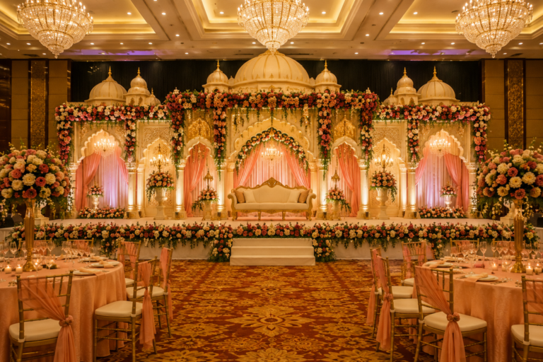 Royal theme banquet hall decoration with palace-style wedding stage, elegant floral arrangements, crystal chandeliers, and luxury reception seating.