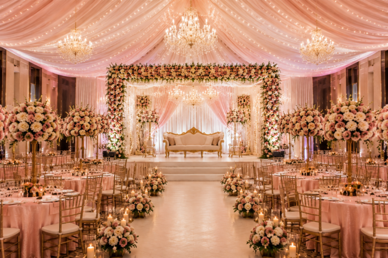 Luxury wedding banquet hall decoration featuring elegant floral stage setup, crystal chandeliers, draped ceiling, and premium seating arrangement.